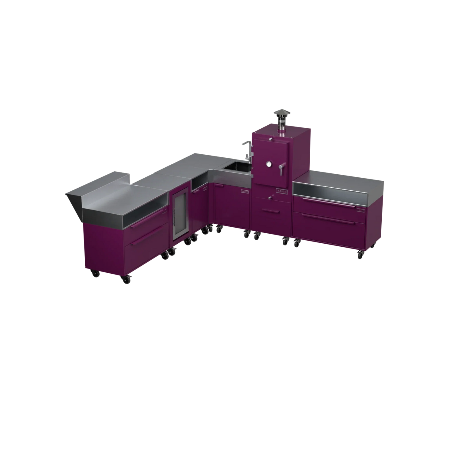 L-Shape Kitchen L4 outdoor kitchen in Beetroot purple, angled view