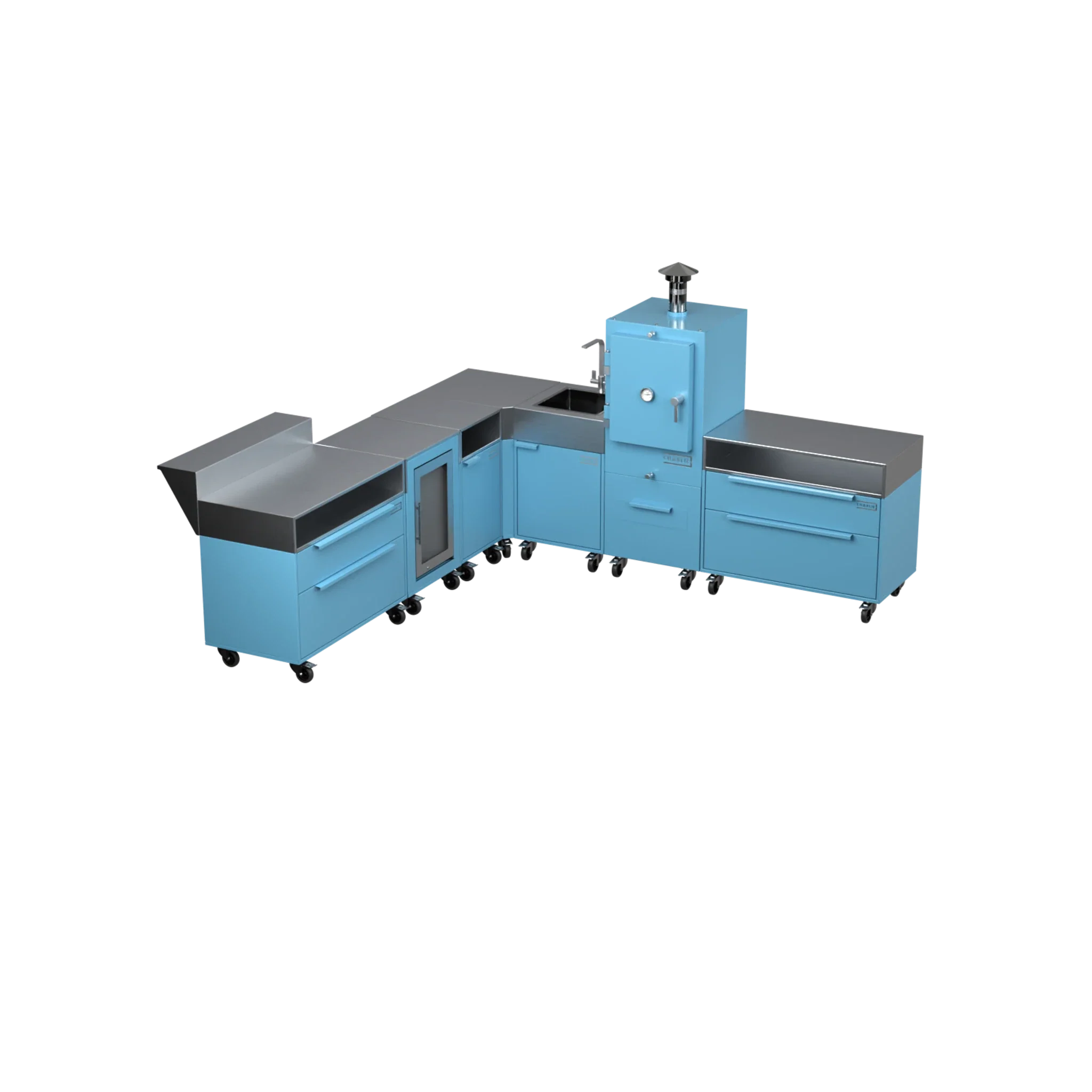 L-Shape Kitchen L4 outdoor kitchen in Blue Marlin blue, angled view