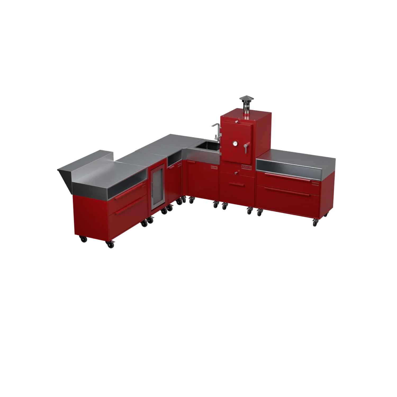 L-Shape Kitchen L4 outdoor kitchen in Dark Cherry red, angled view