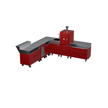 L-Shape Kitchen L4 outdoor kitchen in Dark Cherry red, angled view