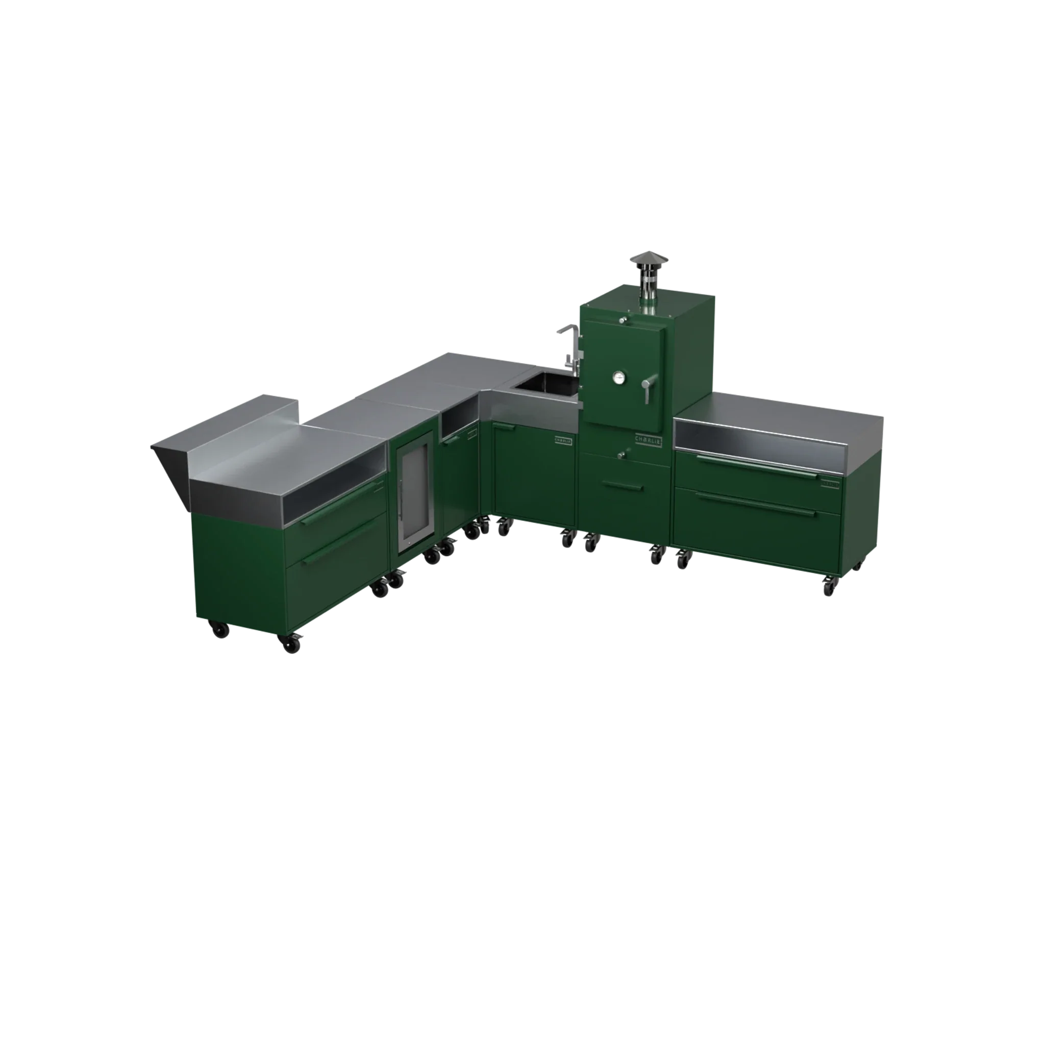 L-Shape Kitchen L4 outdoor kitchen in Green Chilli green, angled view