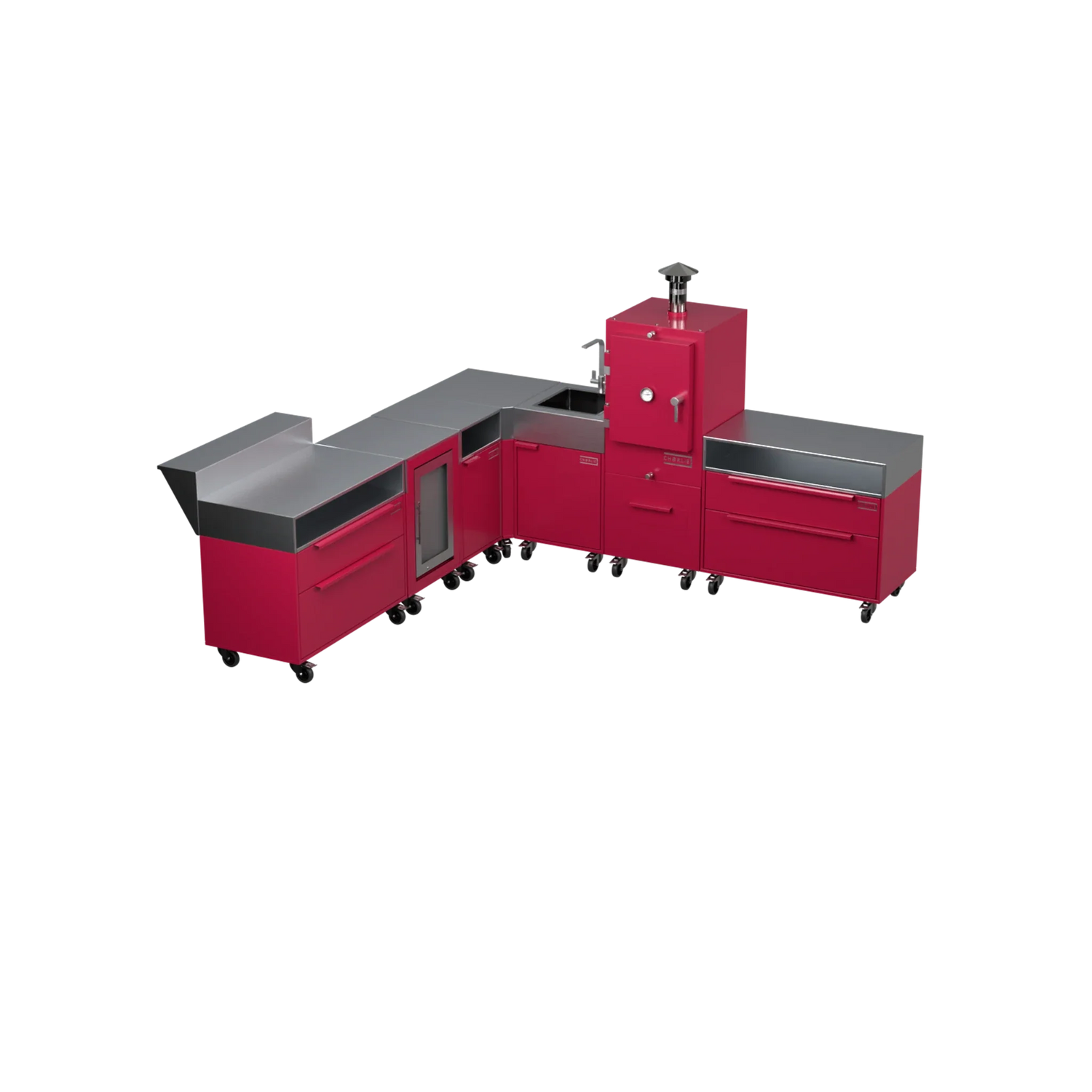 L-Shape Kitchen L4 outdoor kitchen in Rhubarb pink, angled view