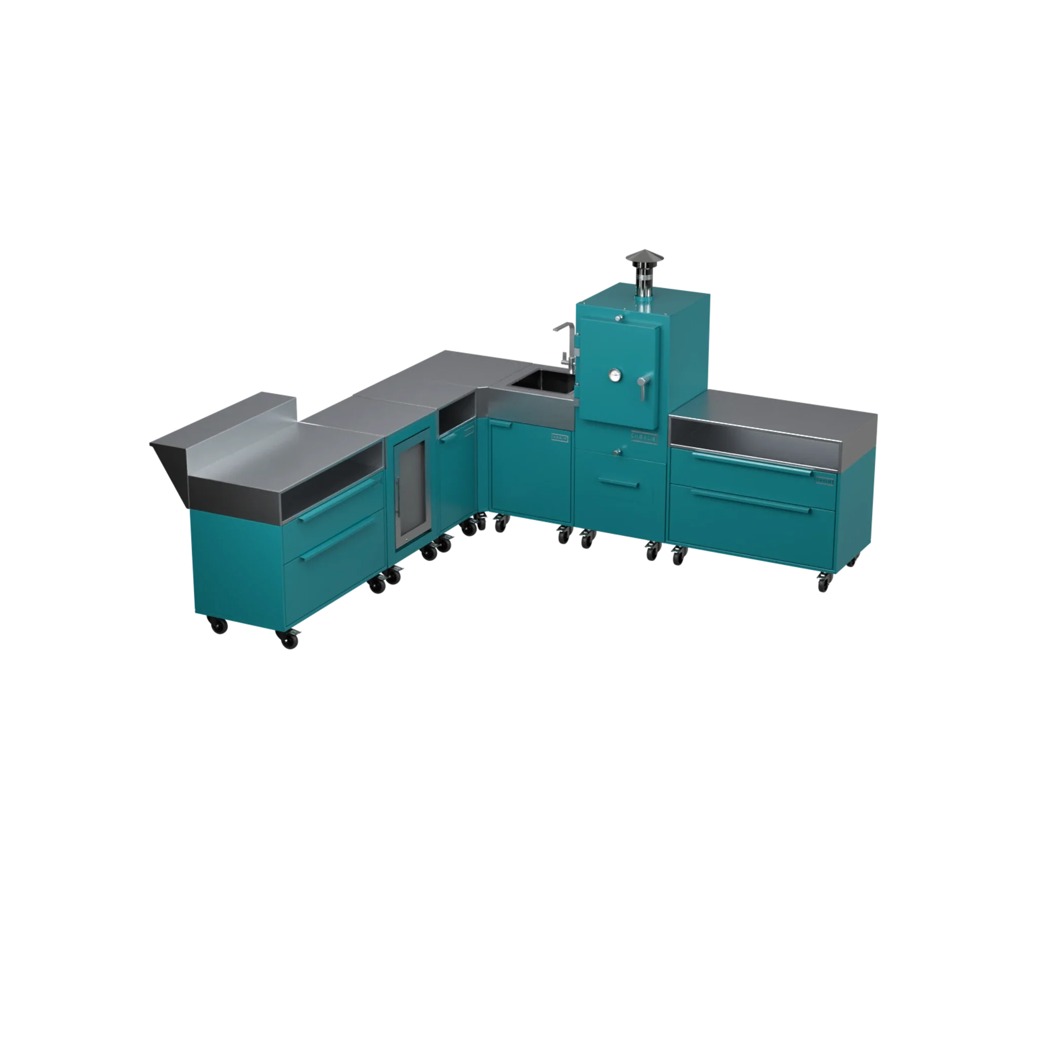 L-Shape Kitchen L4 outdoor kitchen in Teal Duck teal, angled view