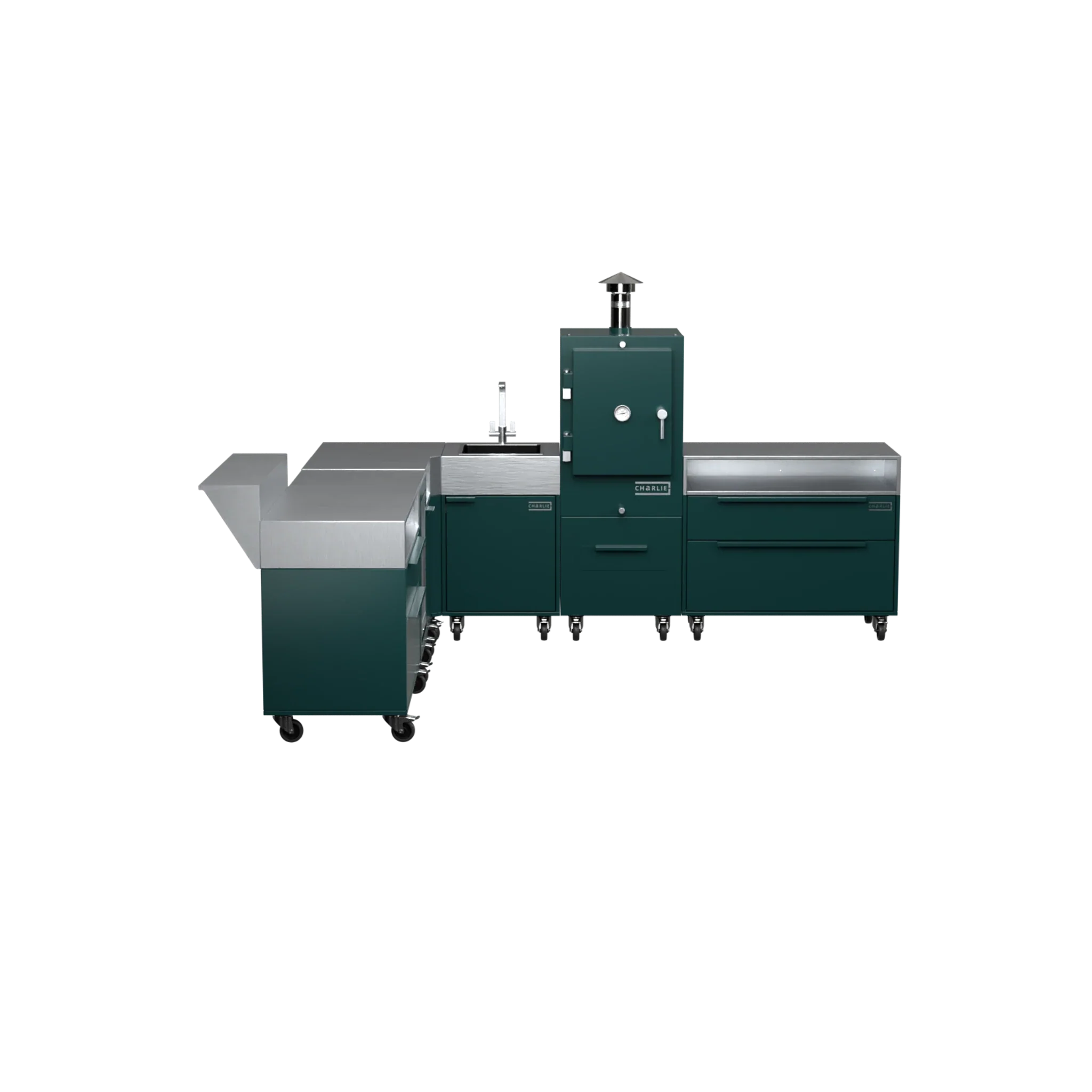L-Shape Kitchen L4 in Agave green, straight-on front view