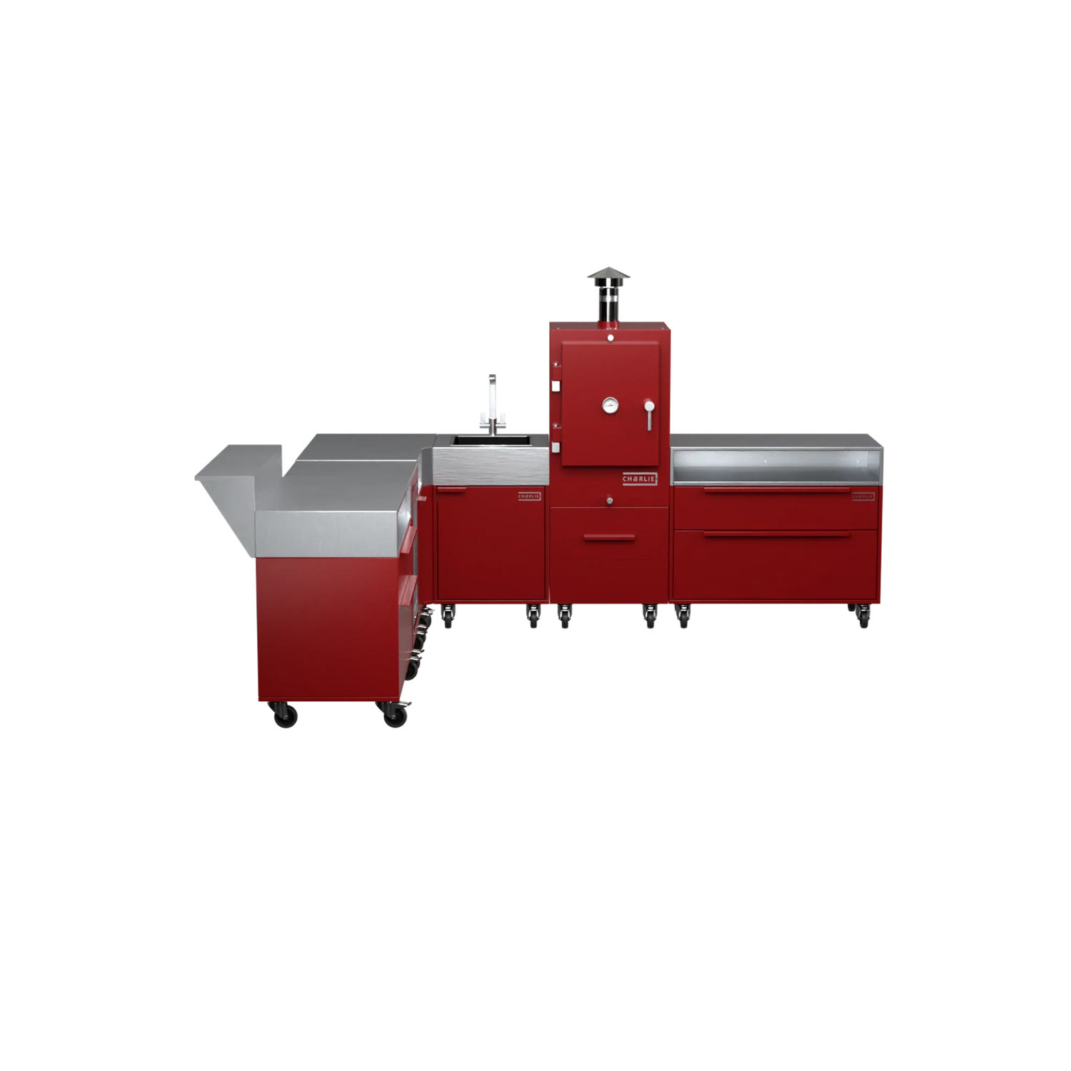 L-Shape Kitchen L4 in Dark Cherry red, straight-on front view