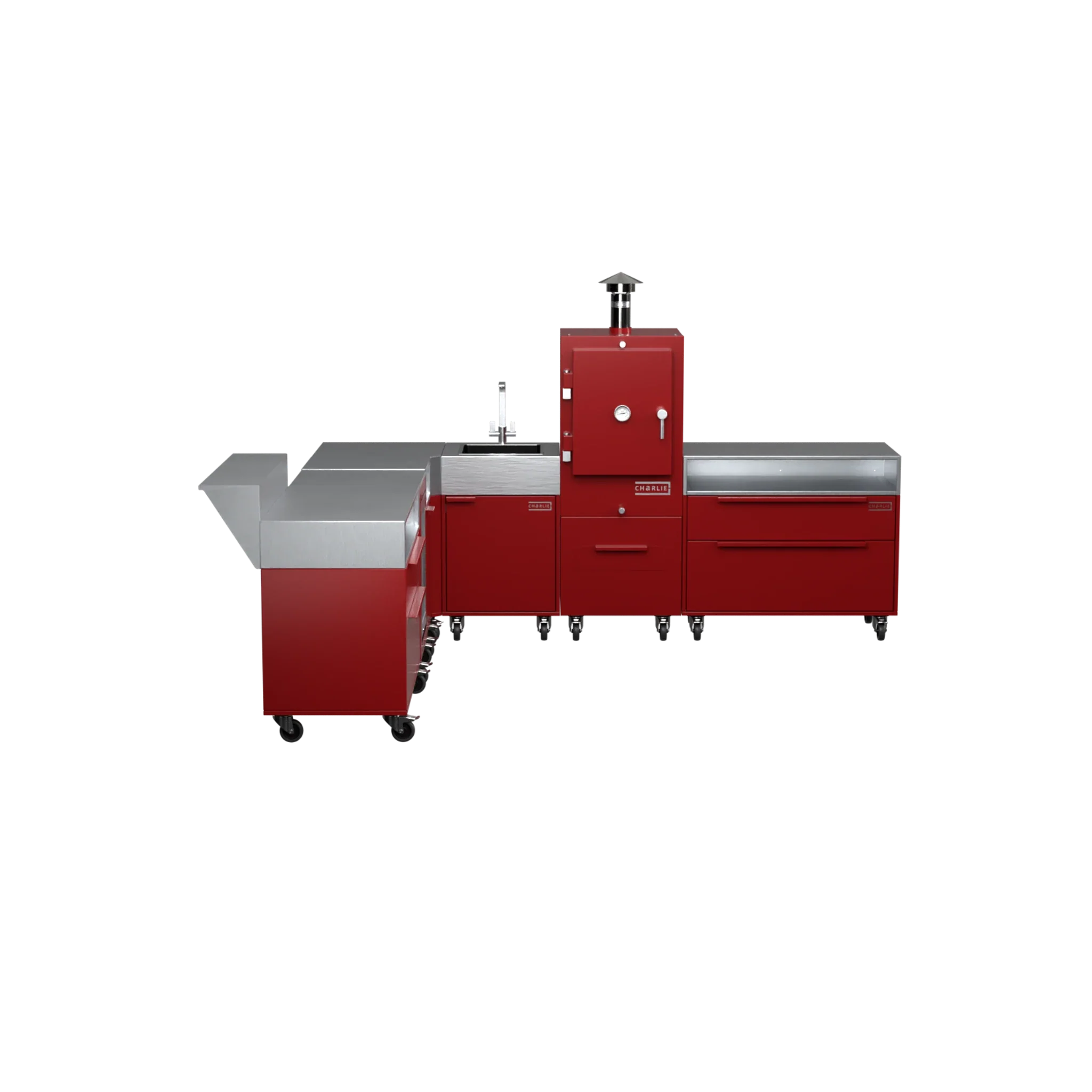 L-Shape Kitchen L4 in Dark Cherry red, straight-on front view