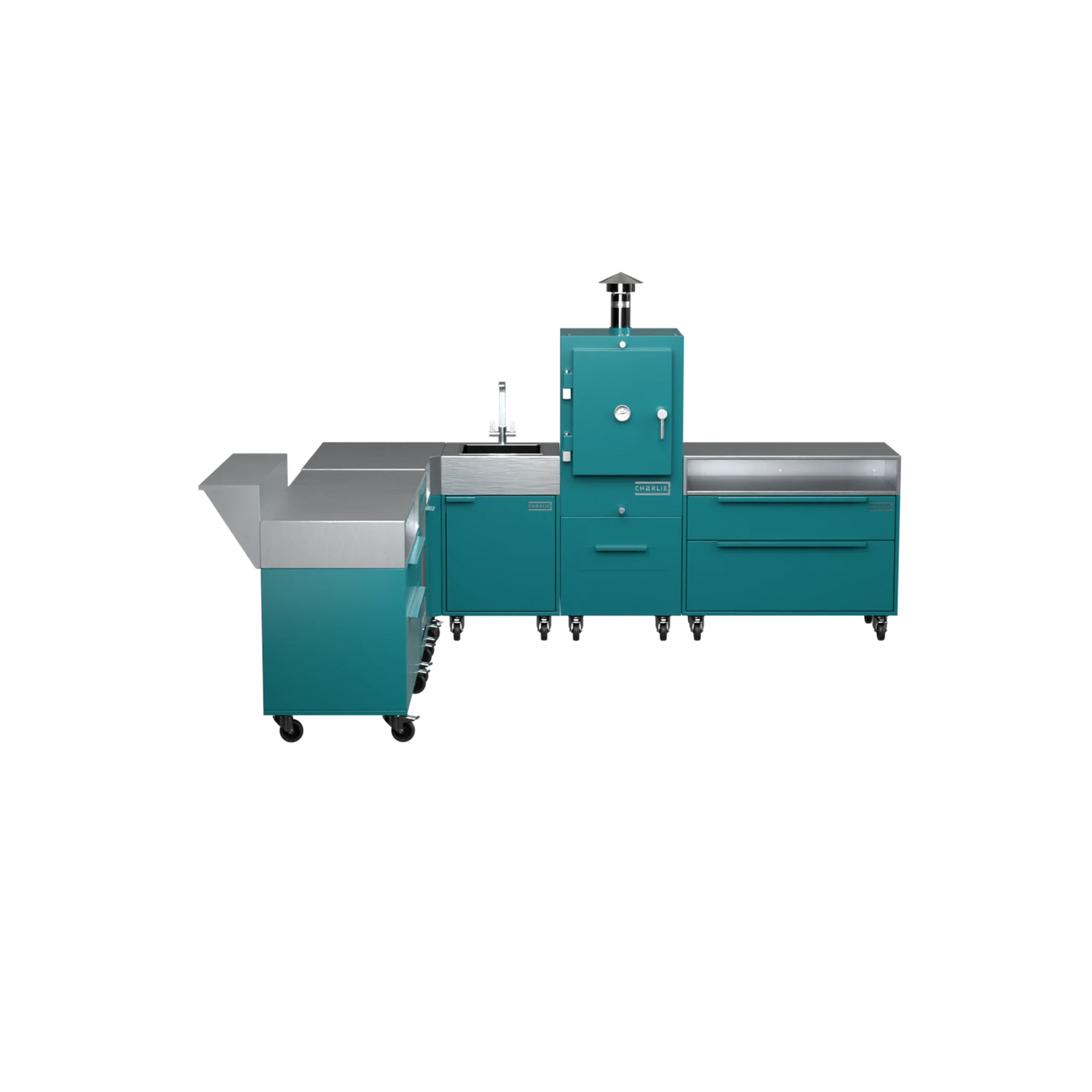 L-Shape Kitchen L4 in Teal Duck teal, straight-on front view