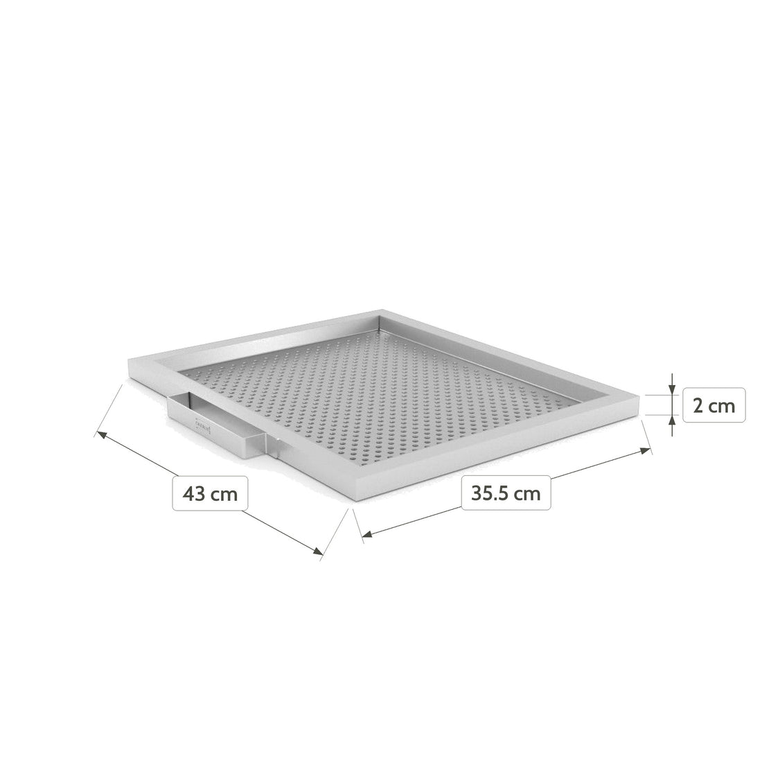 Perforated Plancha Rack dimensions: 43 cm wide, 35.5 cm deep and 2 cm high