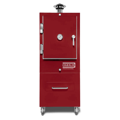 Professional Charlie Charcoal Oven in dark cherry red, front view with the door closed