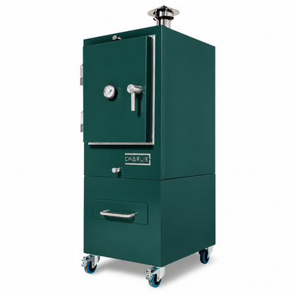 Professional Charlie Charcoal Oven in Agave, three-quarter view, door closed
