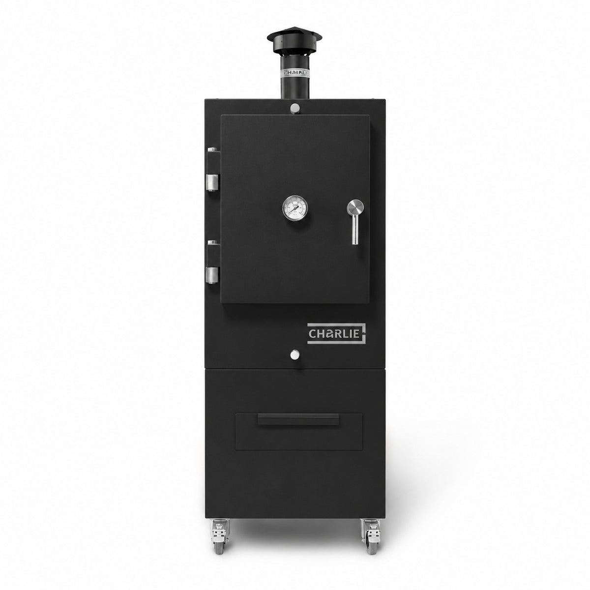 Professional Charlie Charcoal Oven in Matt Black Textured Finish, front view, door closed, with matching matt black chimney