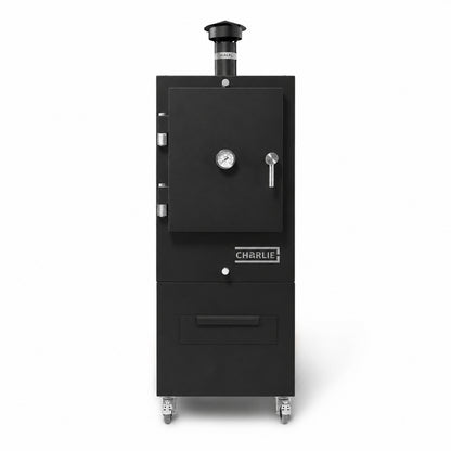 Professional Charlie Charcoal Oven in Matt Black Textured Finish, front view, door closed, with matching matt black chimney