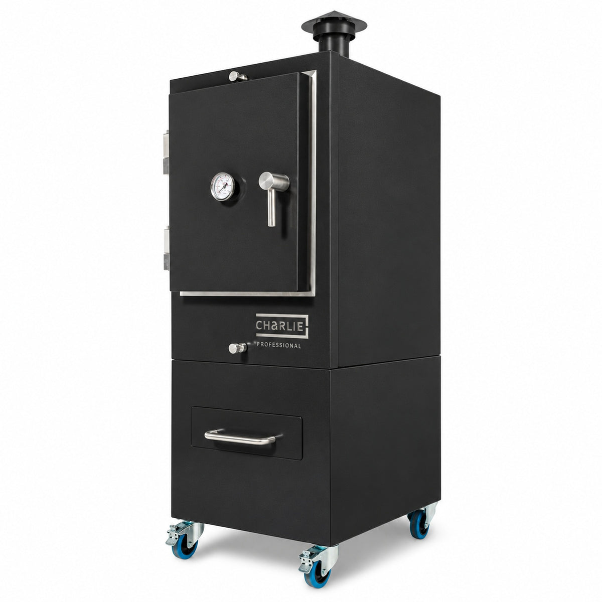 Professional Charlie Charcoal Oven in Matt Black Textured Finish, three-quarter view, door closed, with matching matt black chimney
