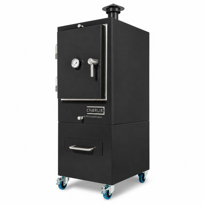 Professional Charlie Charcoal Oven in Matt Black Textured Finish, three-quarter view, door closed, with matching matt black chimney
