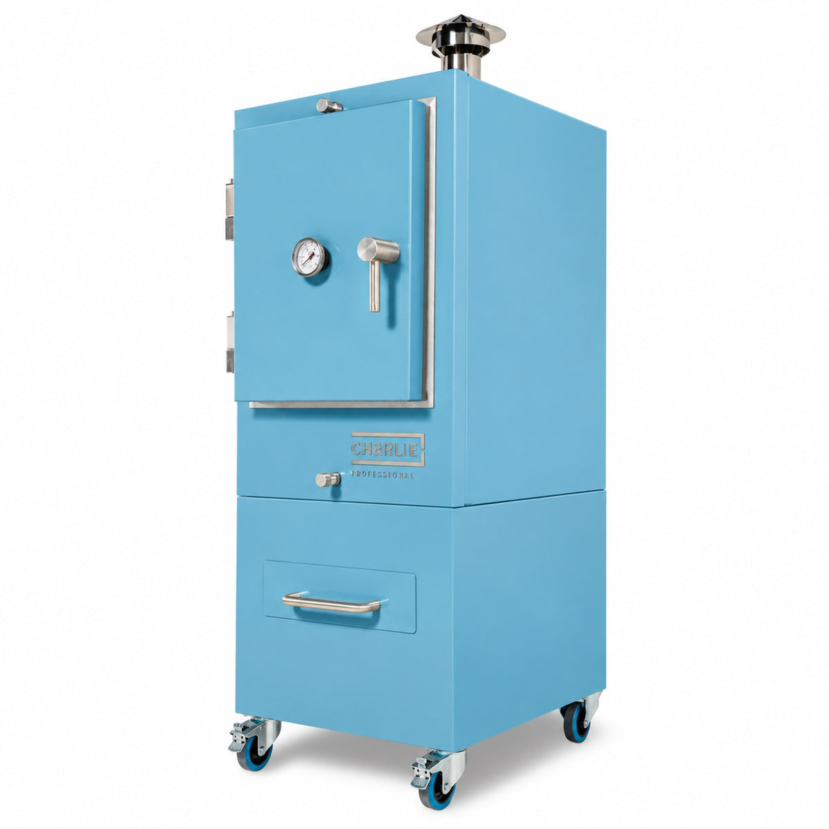 Professional Charlie Charcoal Oven in Blue Marlin, three-quarter view, door closed