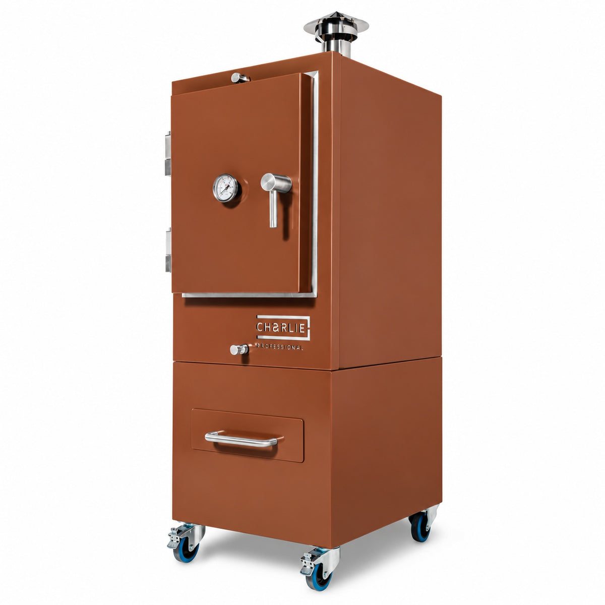 Professional Charlie Charcoal Oven in Cinnamon, three-quarter view, door closed
