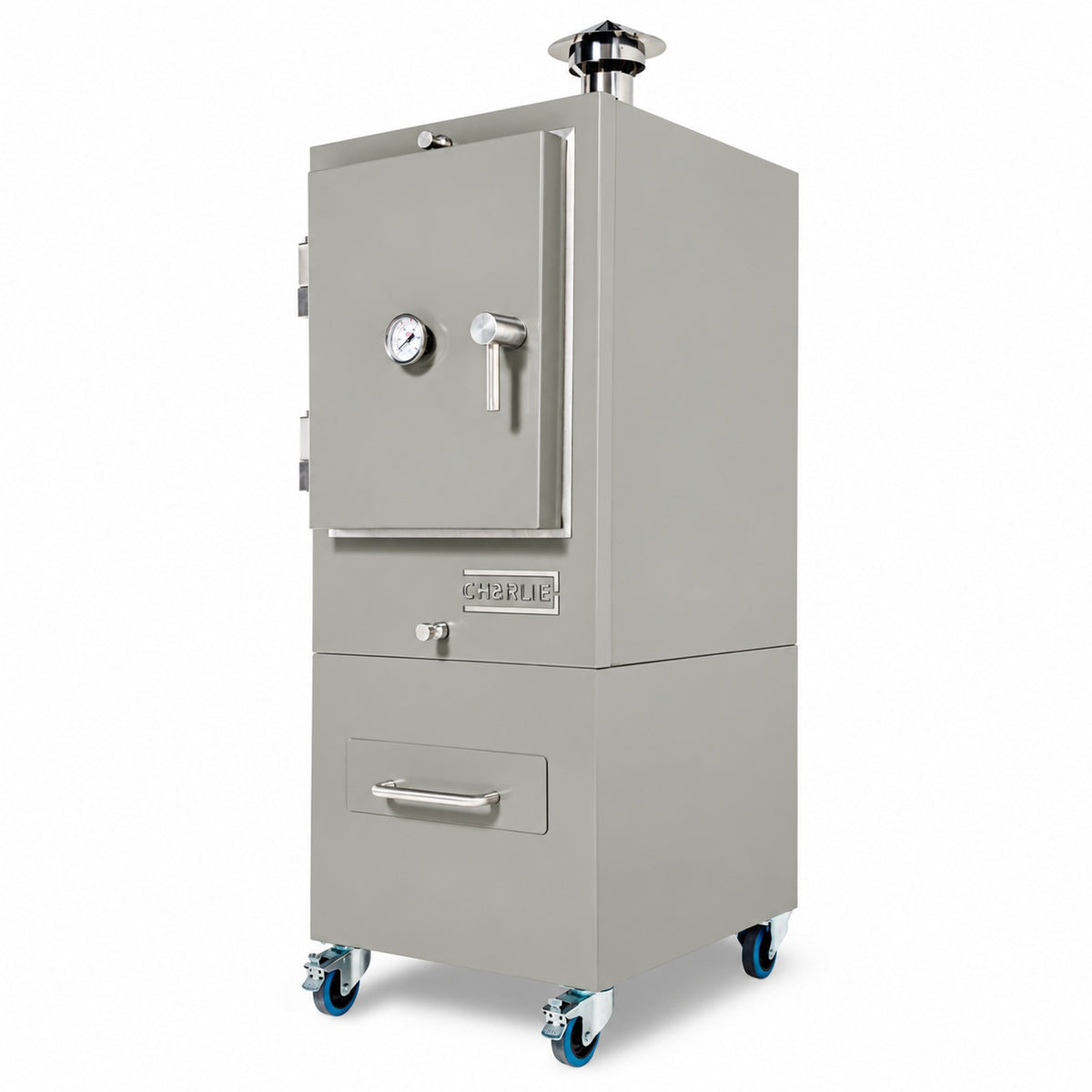 Professional Charlie Charcoal Oven in Truffle, three-quarter view, door closed
