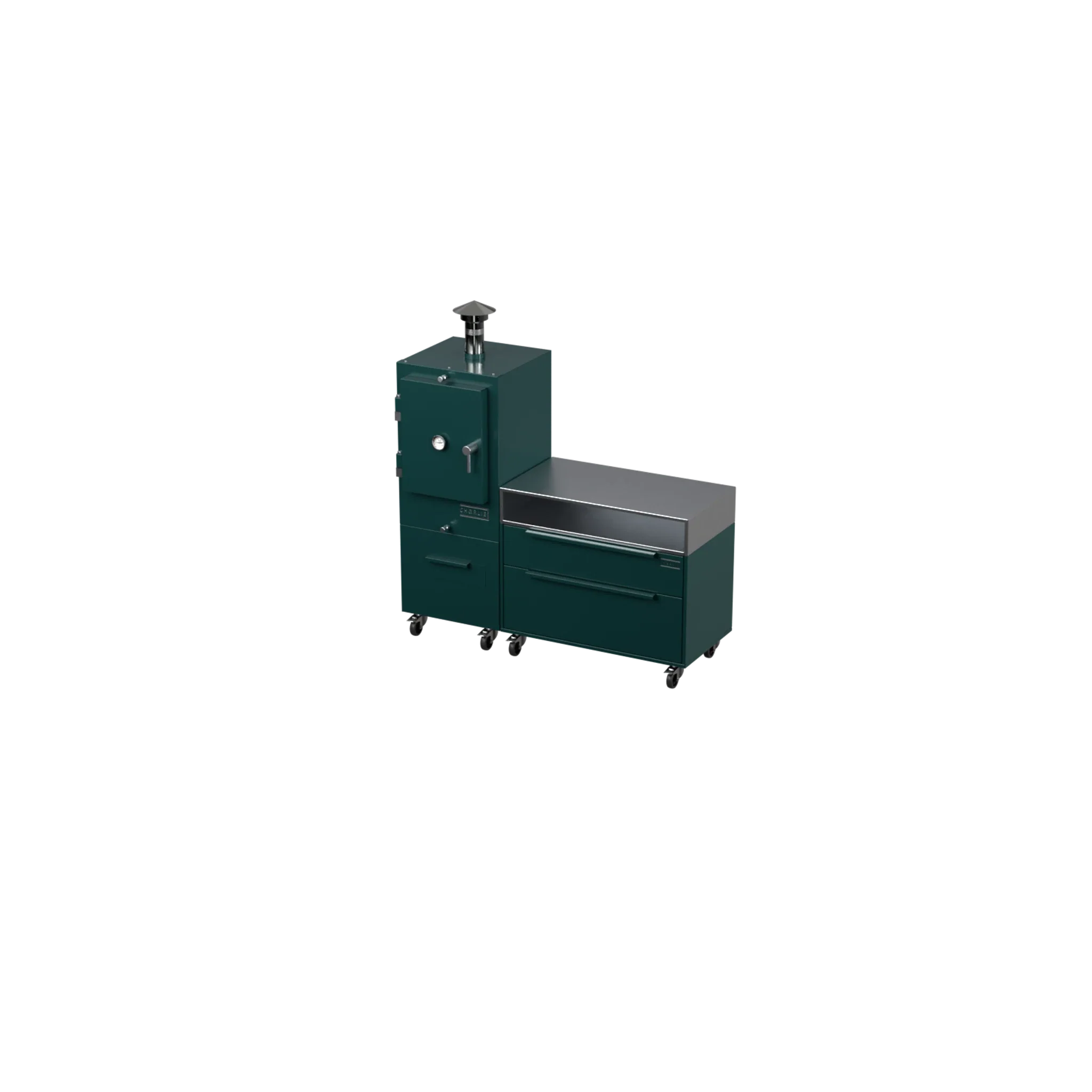 Straight Kitchen S1 outdoor kitchen in agave green, angled three-quarter view