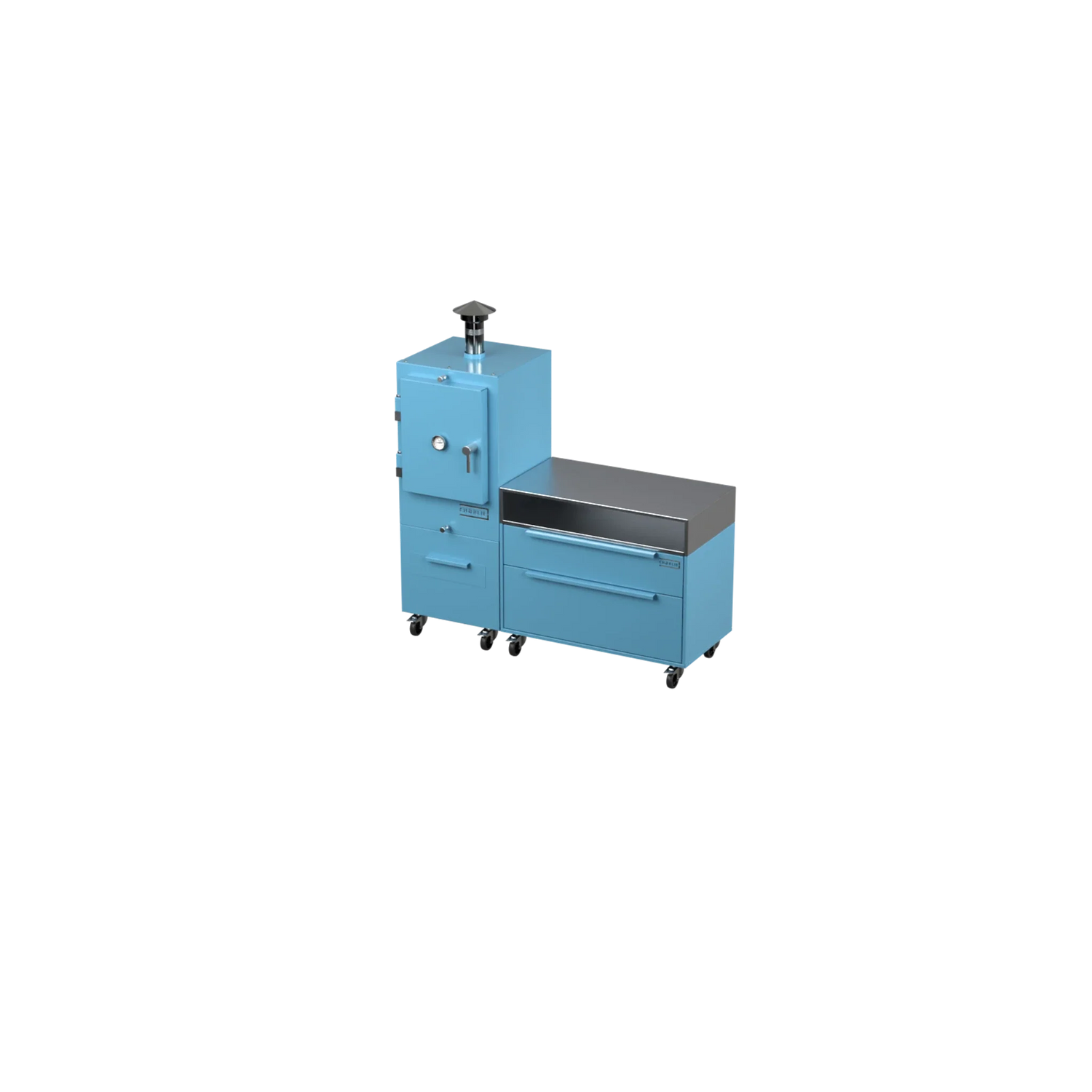 Straight Kitchen S1 outdoor kitchen in blue marlin, angled three-quarter view