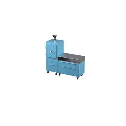 Straight Kitchen S1 outdoor kitchen in blue marlin, angled three-quarter view