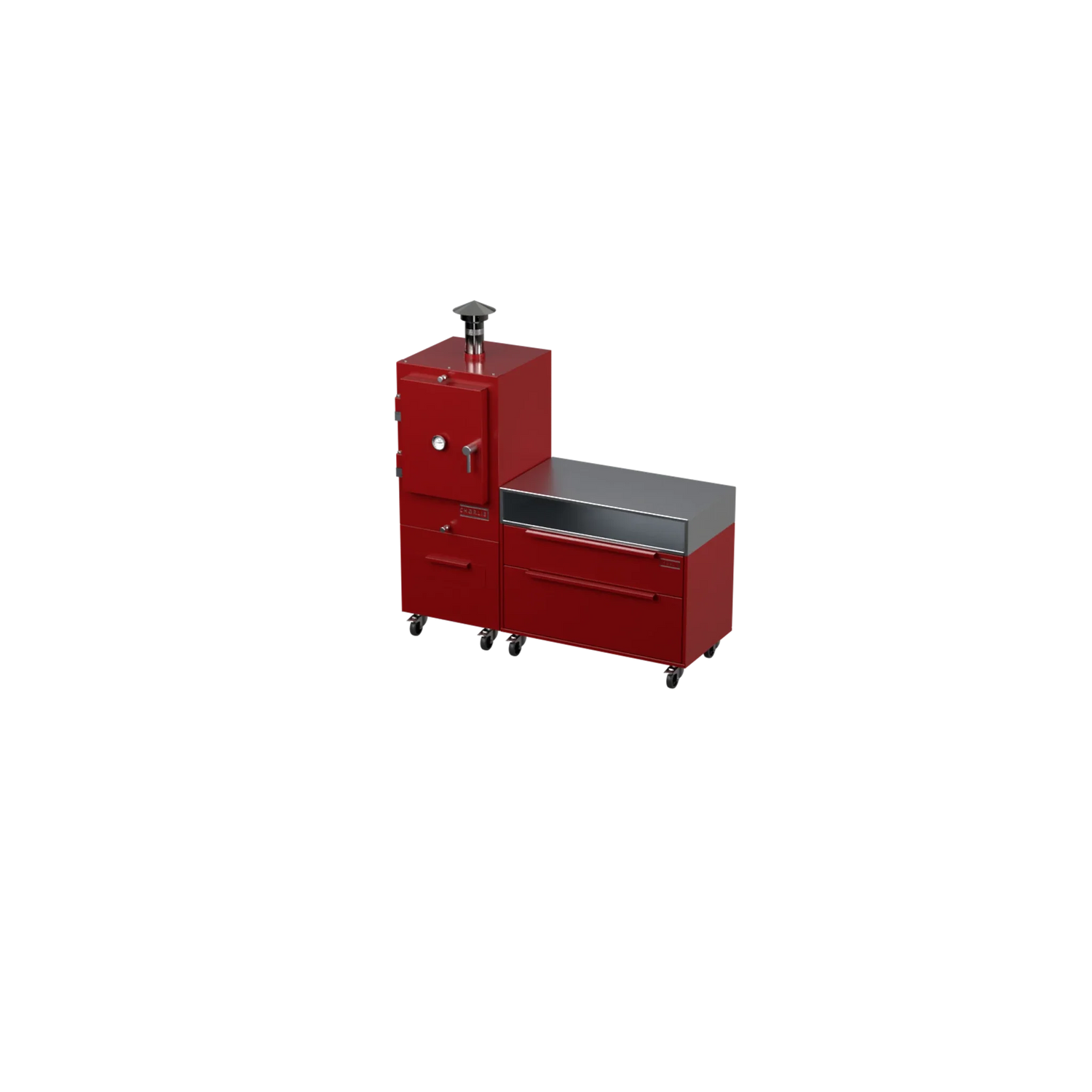 Straight Kitchen S1 outdoor kitchen in dark cherry red, angled three-quarter view