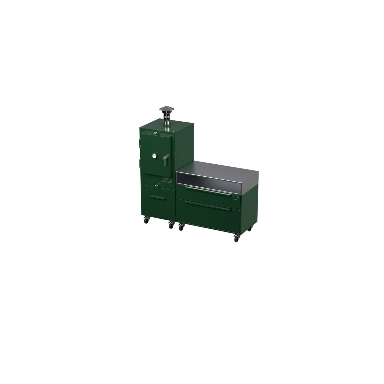 Straight Kitchen S1 outdoor kitchen in green chilli, angled three-quarter view