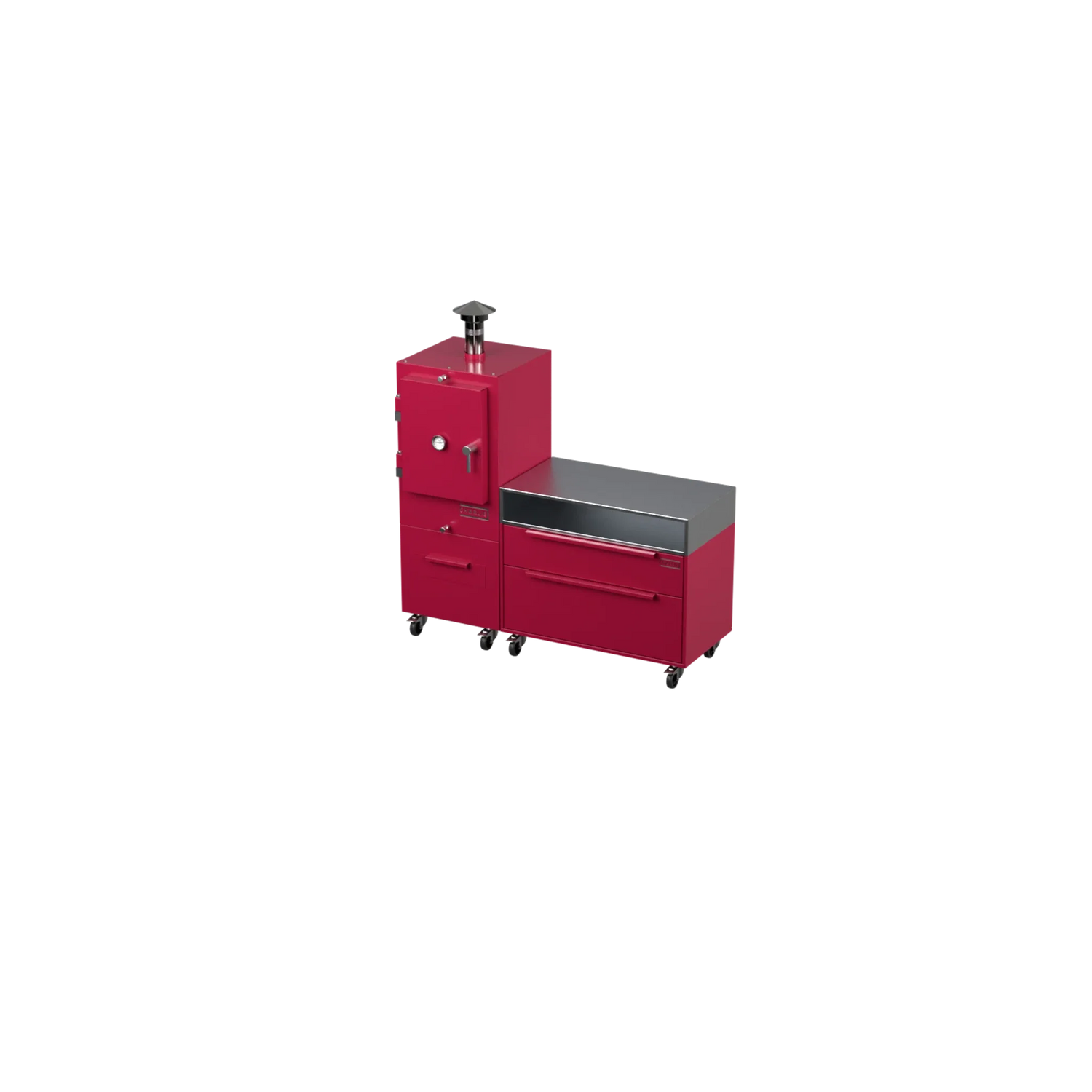 Straight Kitchen S1 outdoor kitchen in rhubarb pink, angled three-quarter view