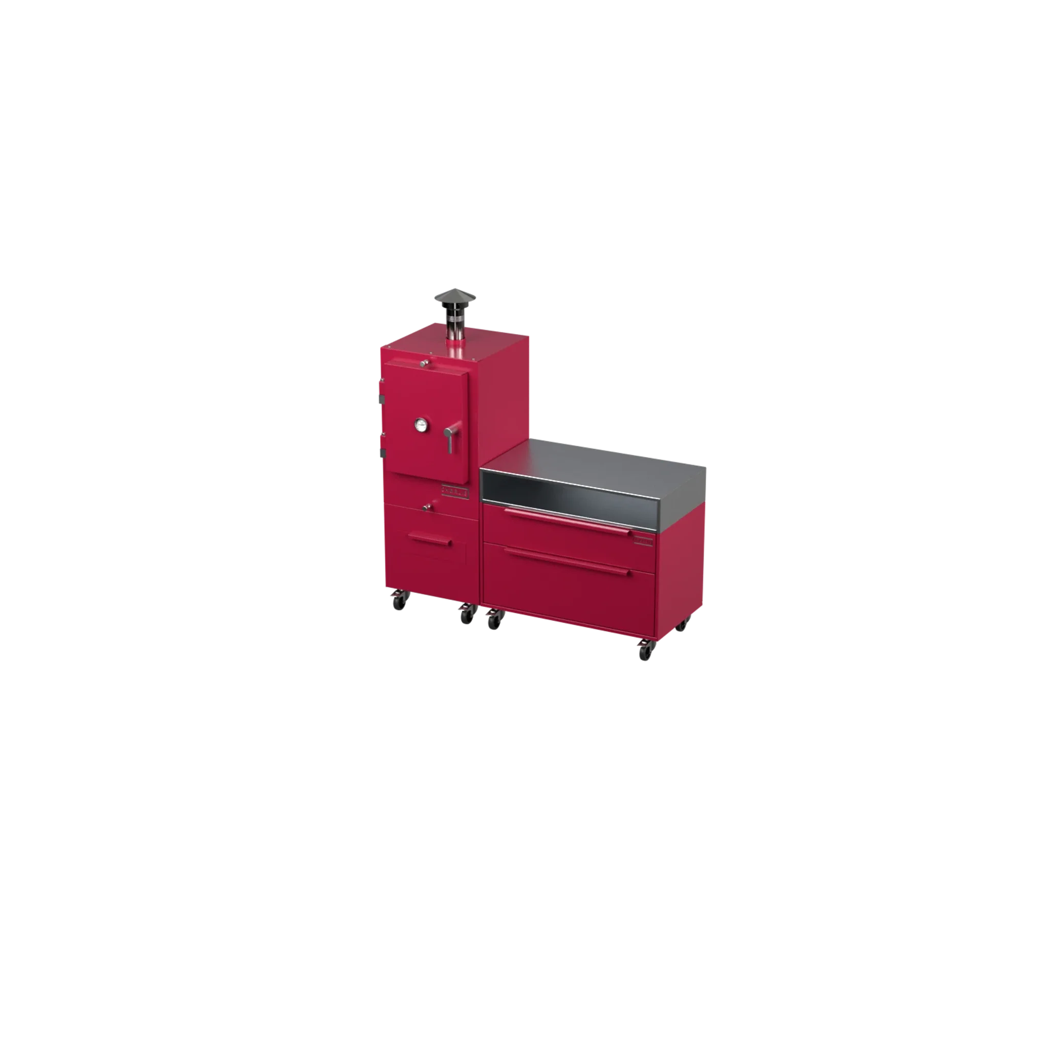 Straight Kitchen S1 outdoor kitchen in rhubarb pink, angled three-quarter view