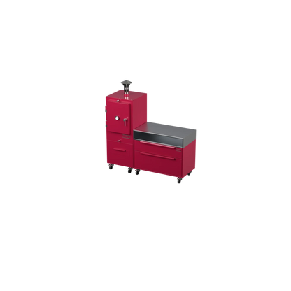 Straight Kitchen S1 outdoor kitchen in rhubarb pink, angled three-quarter view