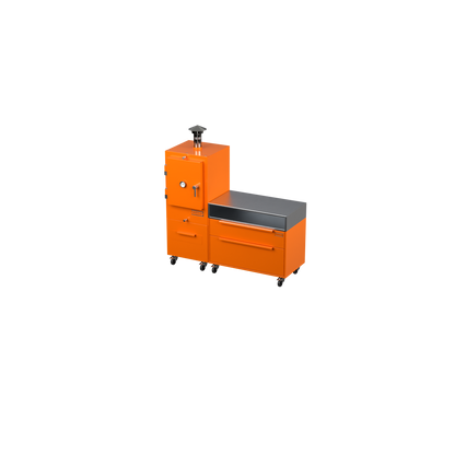Straight Kitchen S1 outdoor kitchen in saffron yellow, angled three-quarter view