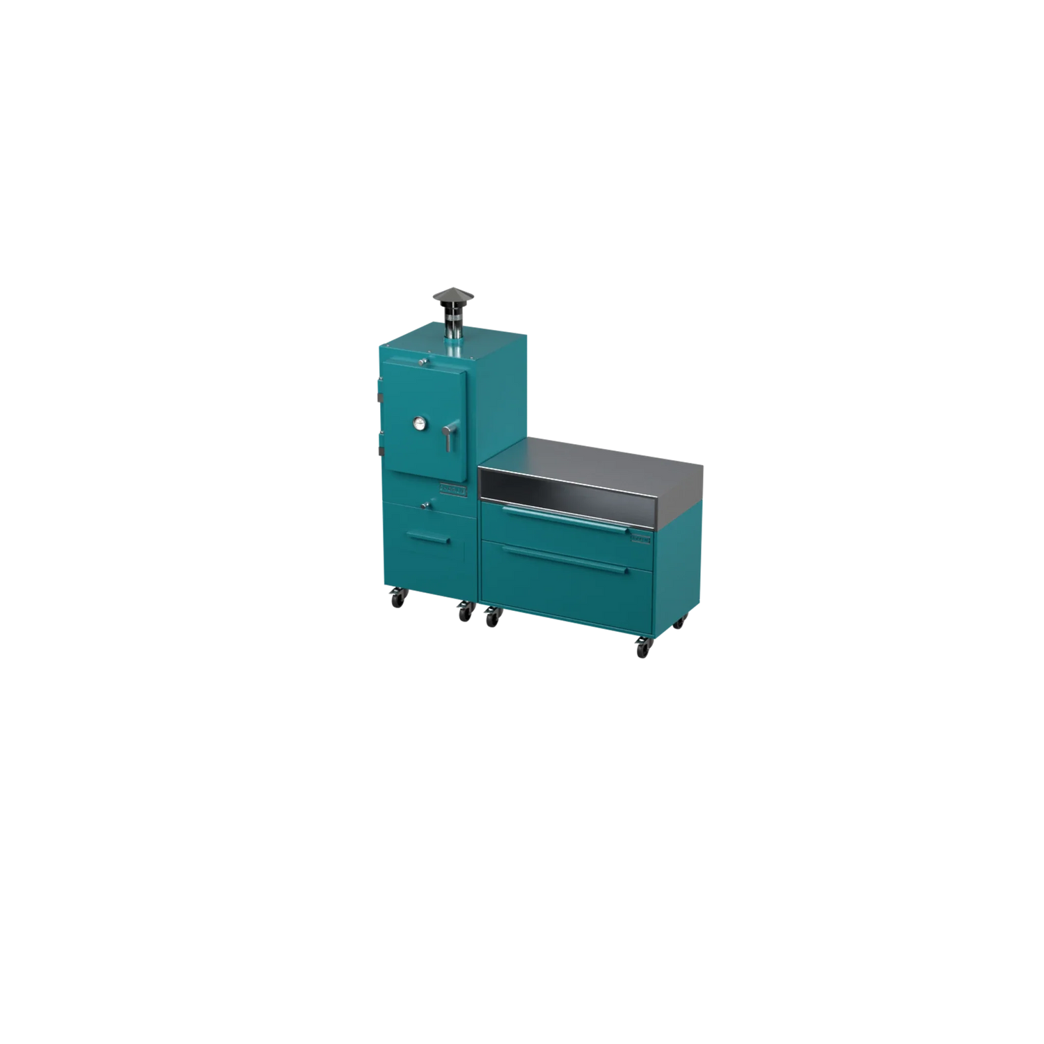 Straight Kitchen S1 outdoor kitchen in teal duck blue, angled three-quarter view