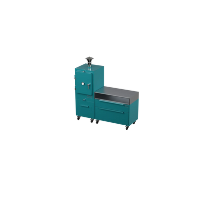 Straight Kitchen S1 outdoor kitchen in teal duck blue, angled three-quarter view