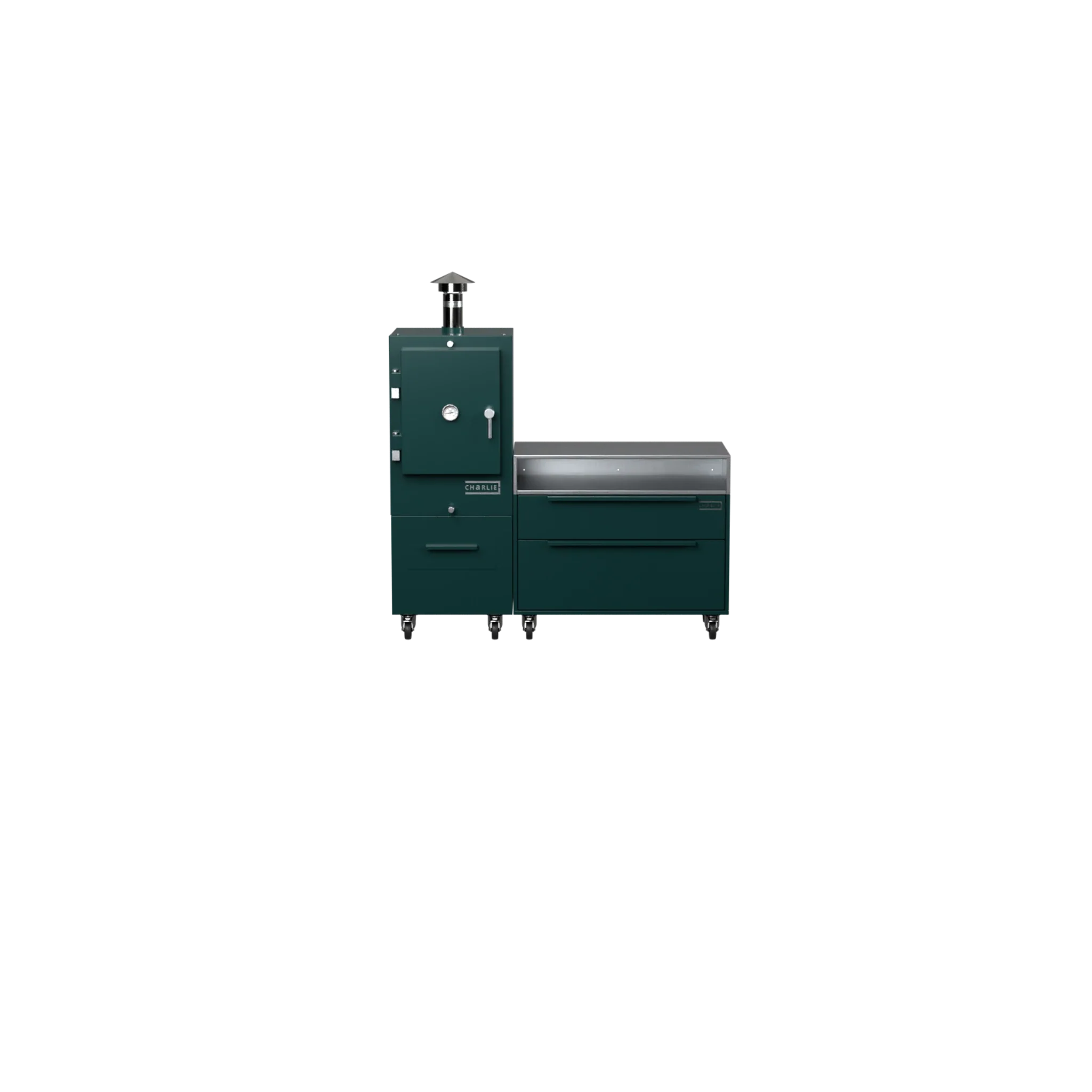 Straight Kitchen S1 in agave green, straight-on front view of the outdoor kitchen