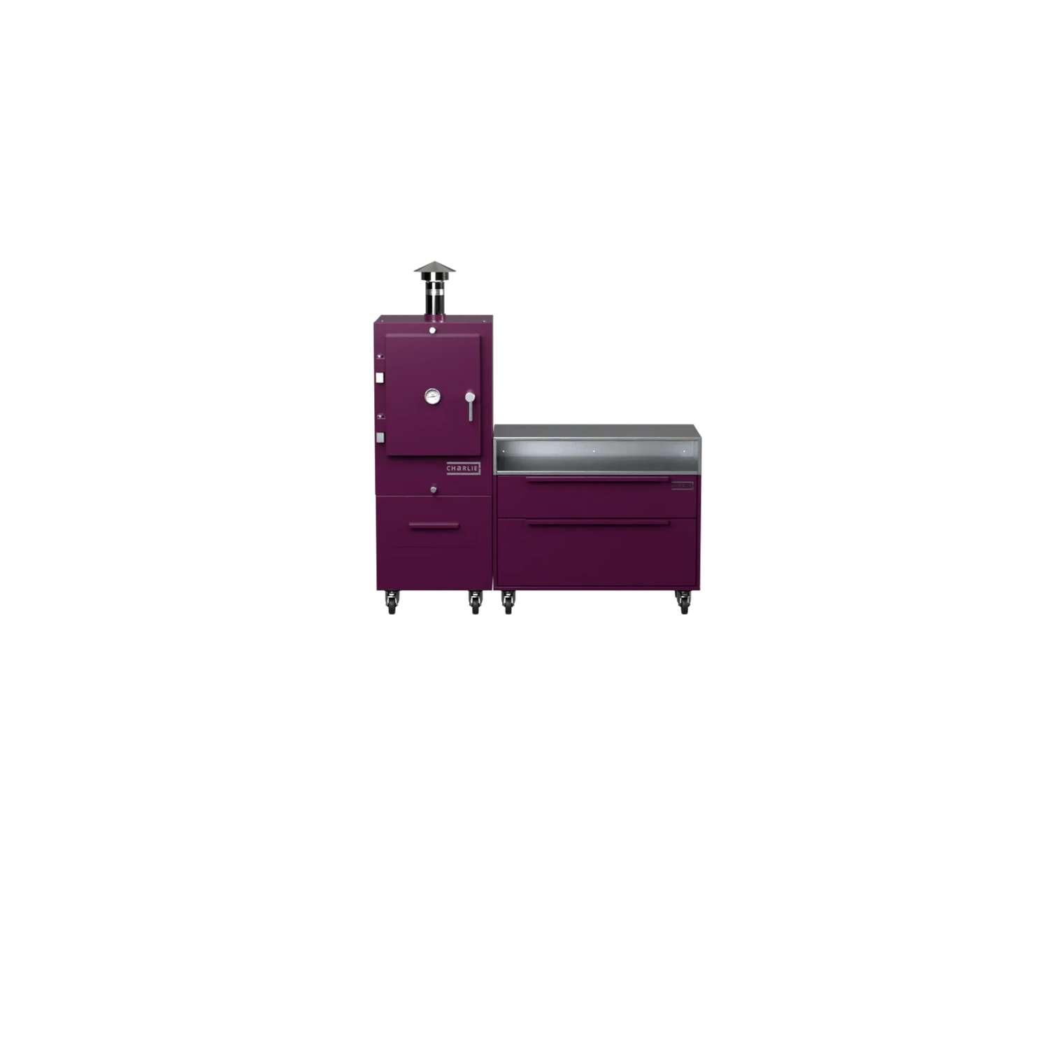 Straight Kitchen S1 in beetroot red, straight-on front view of the outdoor kitchen