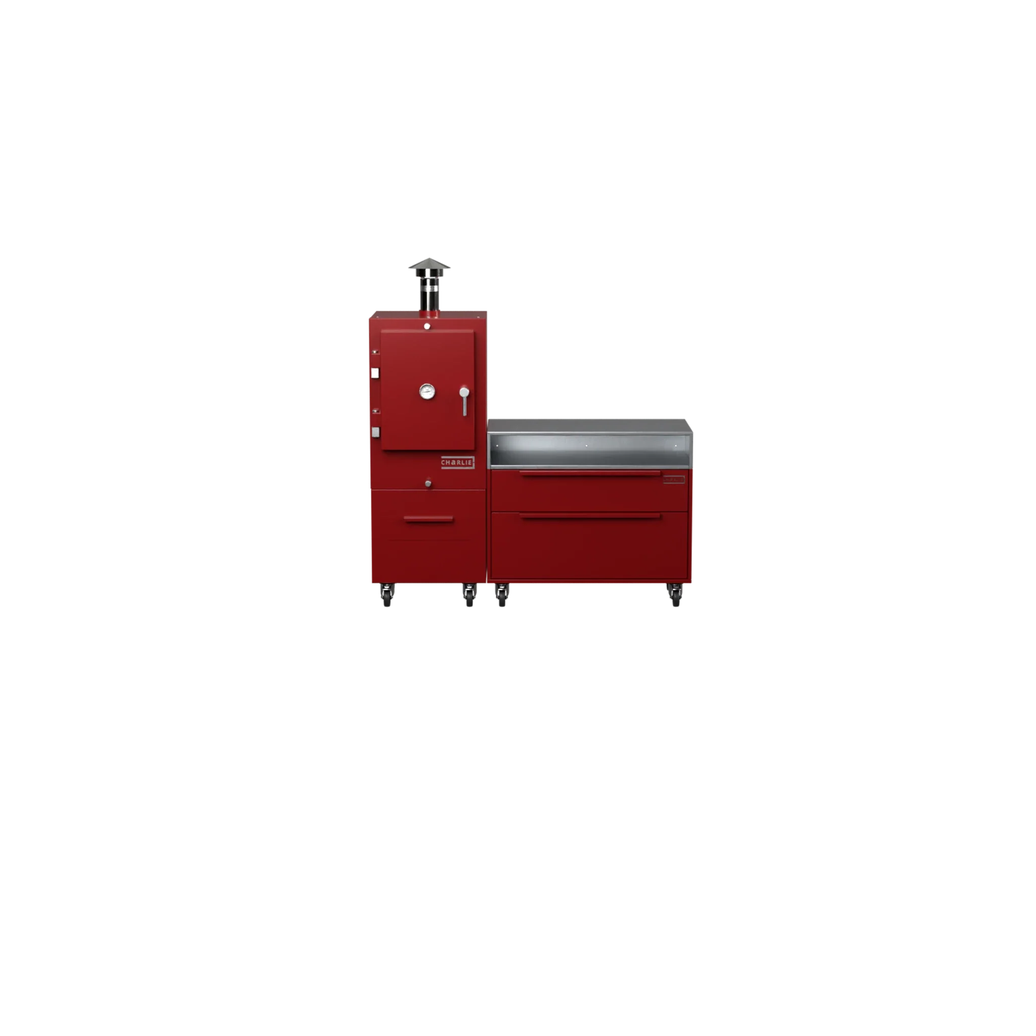 Straight Kitchen S1 in dark cherry red, straight-on front view of the outdoor kitchen