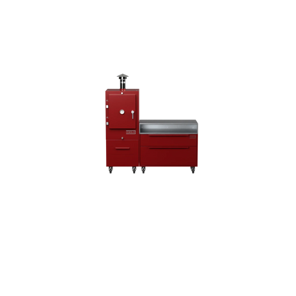 Straight Kitchen S1 in dark cherry red, straight-on front view of the outdoor kitchen