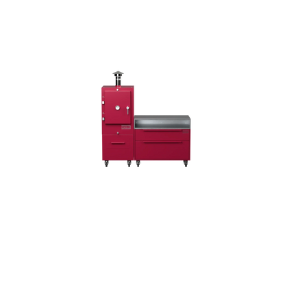 Straight Kitchen S1 in rhubarb pink, straight-on front view of the outdoor kitchen