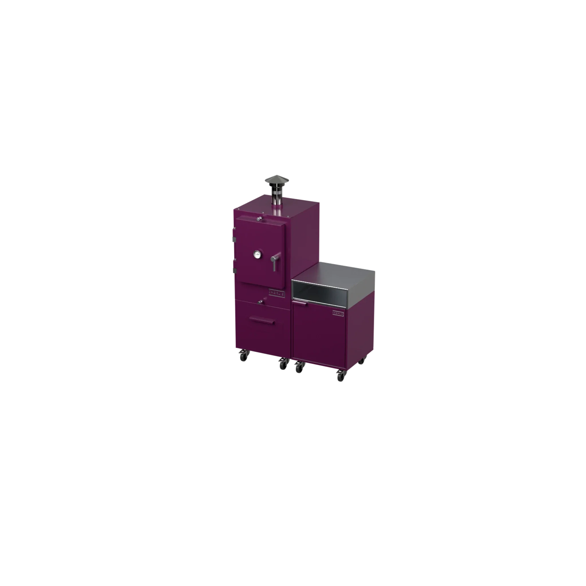 Straight Kitchen S2 outdoor kitchen in beetroot red, angled three-quarter view