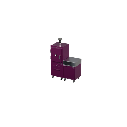 Straight Kitchen S2 outdoor kitchen in beetroot red, angled three-quarter view