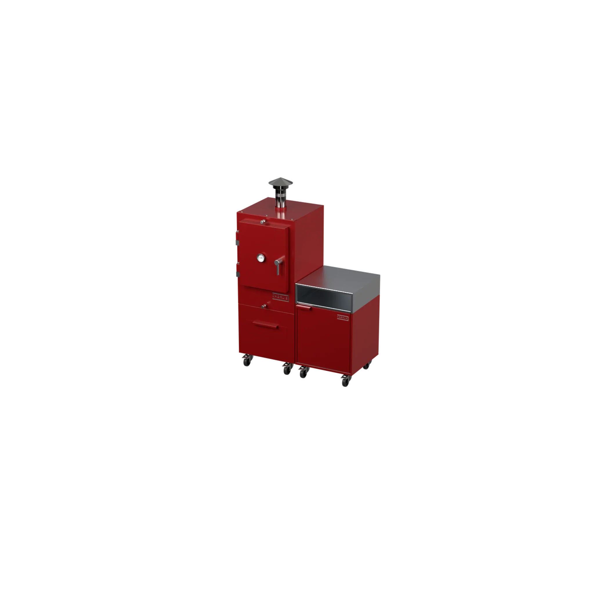Straight Kitchen S2 outdoor kitchen in dark cherry red, angled three-quarter view