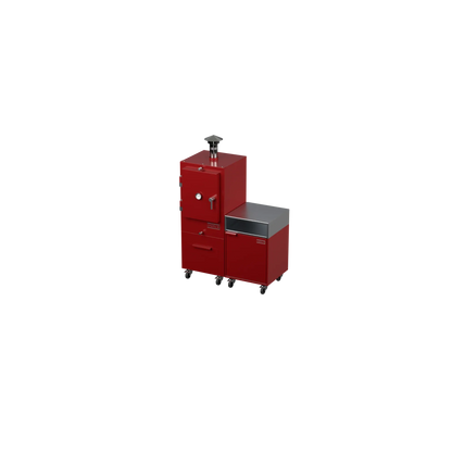 Straight Kitchen S2 outdoor kitchen in dark cherry red, angled three-quarter view