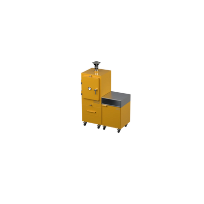 Straight Kitchen S2 outdoor kitchen in honeycomb yellow, angled view of the full unit