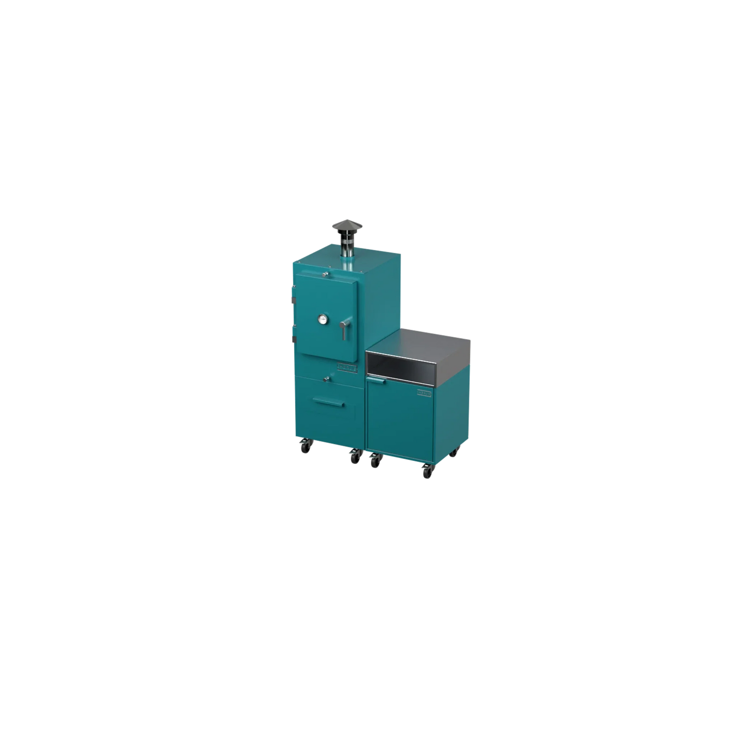 Straight Kitchen S2 outdoor kitchen in teal duck blue, angled three-quarter view