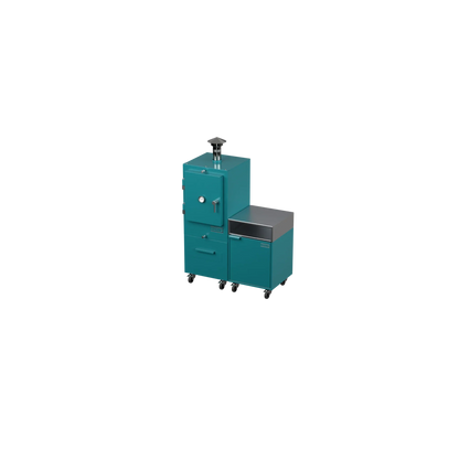 Straight Kitchen S2 outdoor kitchen in teal duck blue, angled three-quarter view