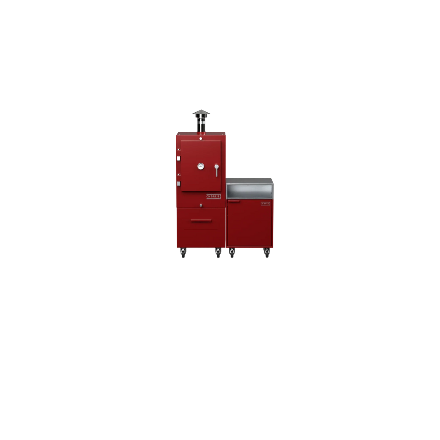 Dark cherry red Straight Kitchen S2 modular outdoor kitchen, front-on view