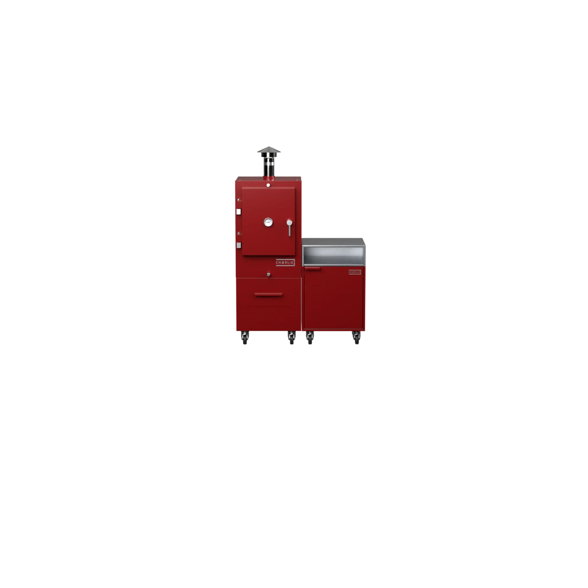 Dark cherry red Straight Kitchen S2 modular outdoor kitchen, front-on view