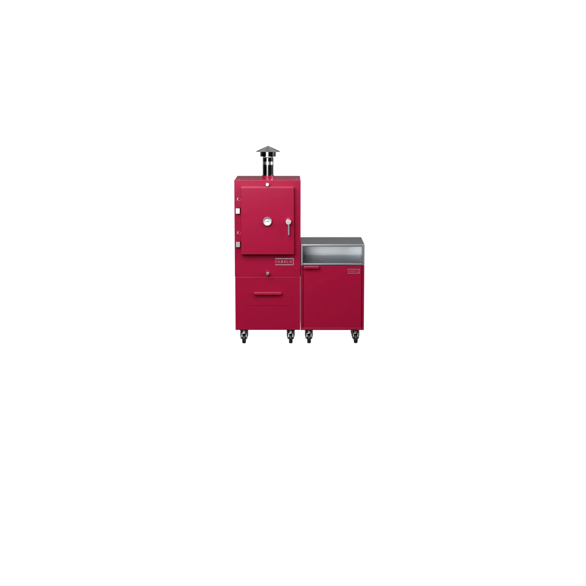 Rhubarb pink Straight Kitchen S2 modular outdoor kitchen, front-on view