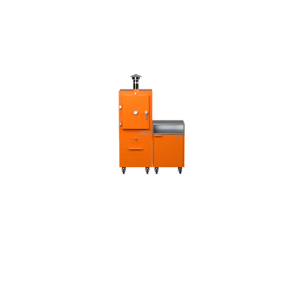 Straight Kitchen S2 in saffron yellow, straight-on front view of the outdoor kitchen