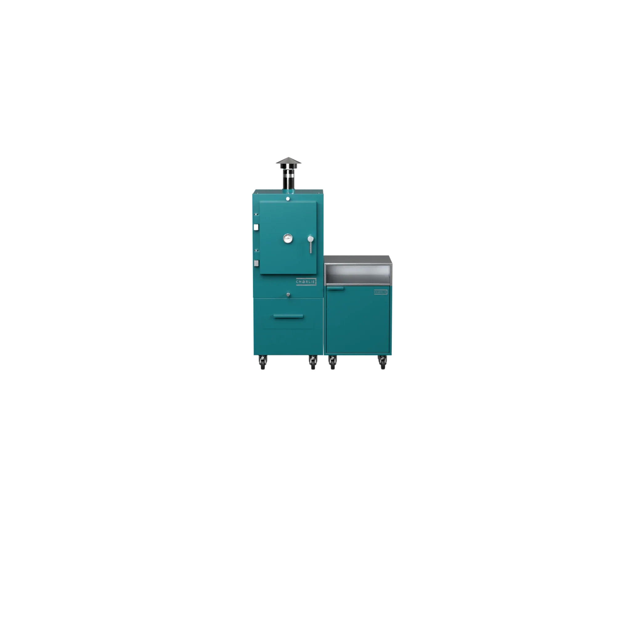Teal duck blue Straight Kitchen S2 modular outdoor kitchen, straight-on front view