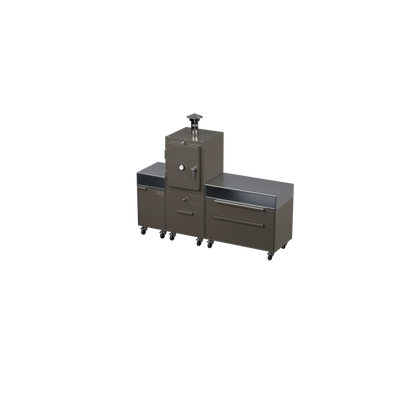 Straight Kitchen S3 in Porcini beige, angled view of the outdoor kitchen